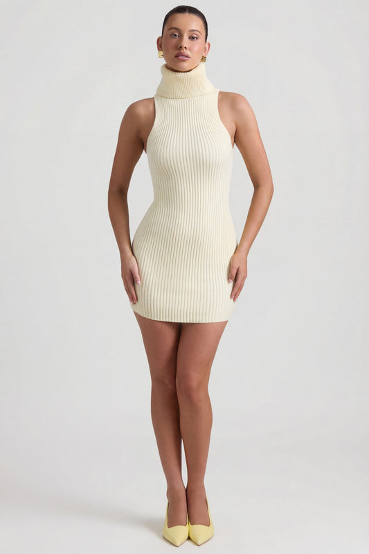 Ribbed-Knit Turtleneck Mini Dress in Butter Yellow